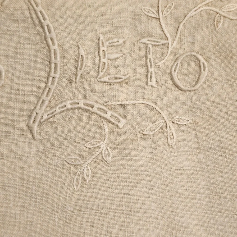Vintage Italian Hand Embroidered Linen Runner Giorno Lieto Cream Macrame Fringe